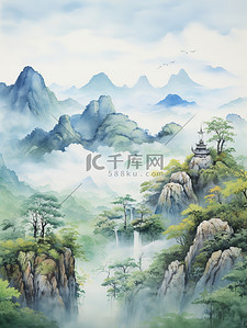 绿蓝黄水彩中国风山水画7