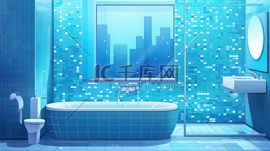 瓷砖台面插画图片_蓝色马赛克瓷砖现代浴室14