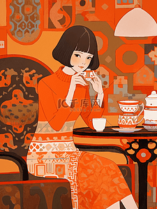 民国羊皮纸插画图片_橙色民国风中式人物新中式旗袍美女
