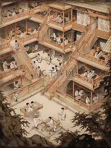 党建学习室插画图片_古代私立学校的鸟瞰图2