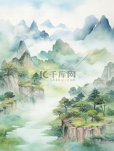 绿蓝黄水彩中国风山水画8