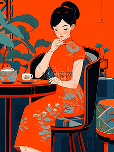 旗袍美女人物插画图片_橙色民国风中式人物新中式旗袍美女