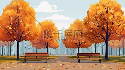 秋季城市公园枫树下的长椅1