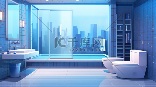 打马赛克插画图片_蓝色马赛克瓷砖现代浴室15