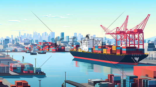 业务繁忙插画图片_繁忙的港口城市和集装箱船