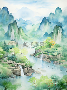 红黄蓝水彩插画图片_绿蓝黄水彩中国风山水画2