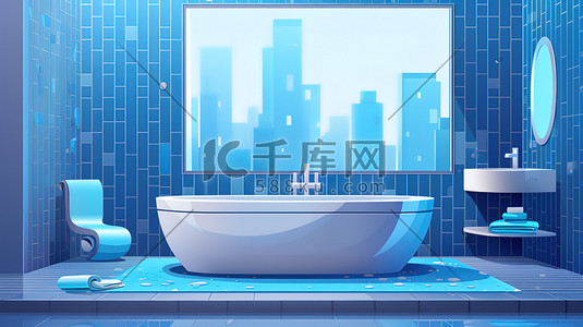 水磨石瓷砖插画图片_蓝色马赛克瓷砖现代浴室11