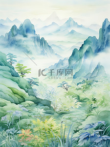 红黄蓝水彩插画图片_绿蓝黄水彩中国风山水画18