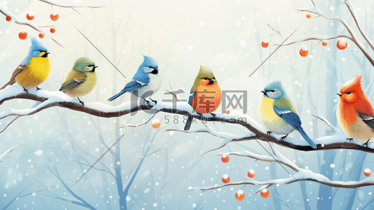 的鸟插画图片_冬季树枝上的鸟插画2