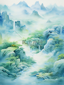 绿蓝黄水彩中国风山水画19