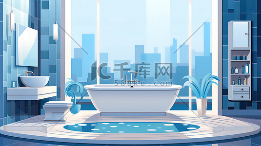 水磨石瓷砖插画图片_蓝色马赛克瓷砖现代浴室17