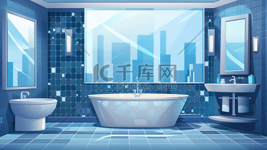 蓝色家居插画图片_蓝色马赛克瓷砖现代浴室4