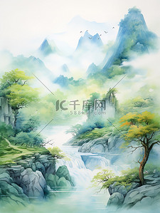 绿蓝黄水彩中国风山水画4