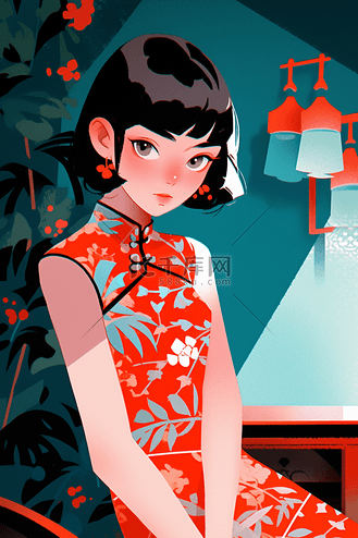 中式国潮手绘女生旗袍插画3