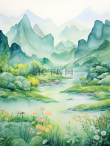 红绿蓝油漆插画图片_绿蓝黄水彩中国风山水画13