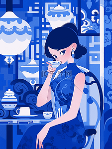 蓝色民国风中式人物新中式旗袍美女