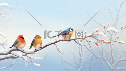 冬季树枝上的鸟插画41