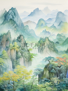 绿蓝黄水彩中国风山水画16