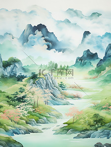 绿蓝黄水彩中国风山水画3