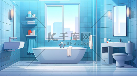 打马赛克插画图片_蓝色马赛克瓷砖现代浴室10
