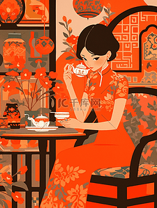 旗袍美女人物插画图片_橙色民国风中式人物新中式旗袍美女