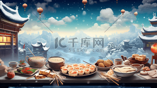 年夜饭水饺插画图片_丰盛的年夜饭美食插画1