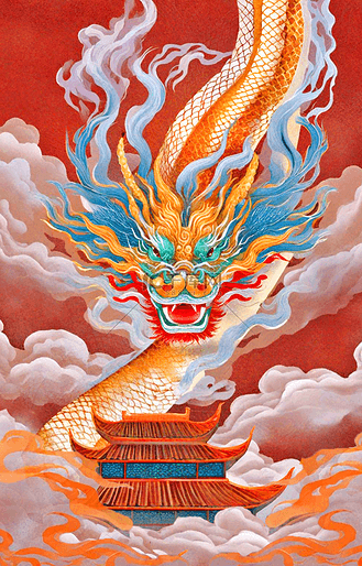龙年春节新年龙形象红色插画国潮