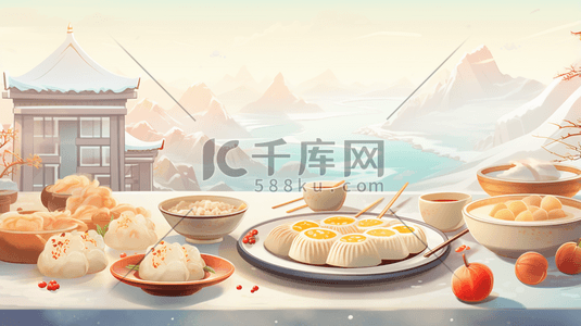 中国风水饺插画图片_丰盛的年夜饭美食插画25