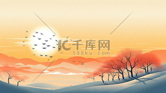 资产冻结插画图片_冬天温暖阳光飞鸟12