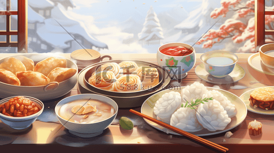 年夜饭水饺插画图片_丰盛的年夜饭美食插画14