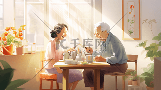 老年节插画图片_彩色重阳节陪伴老人插画9