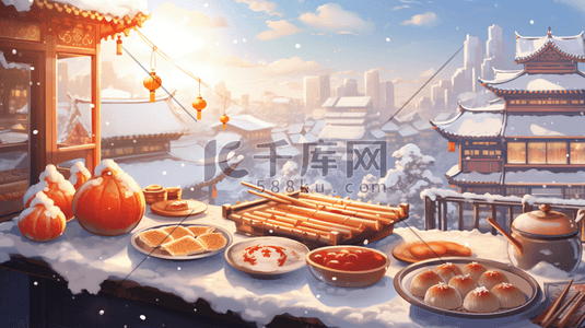 中国风水饺插画图片_丰盛的年夜饭美食插画29