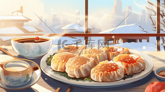 中国风水饺插画图片_丰盛的年夜饭美食插画15