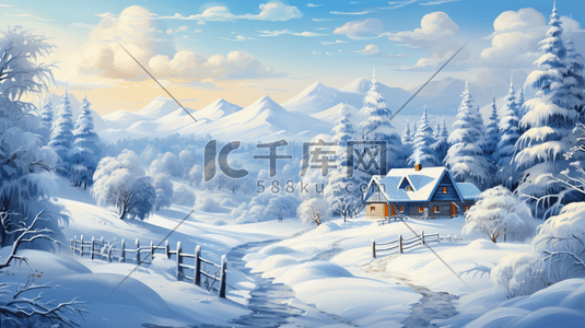 松树圣诞节插画图片_圣诞节冬天雪地圣诞树小屋