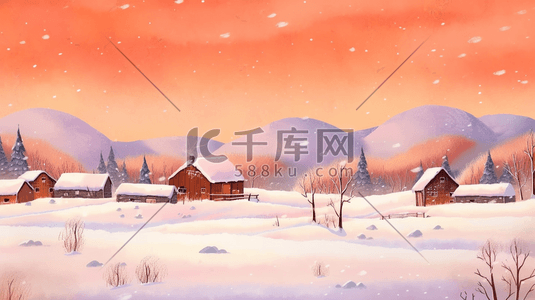 橙橙插画图片_橙色系圣诞节冬天雪地圣诞树小屋