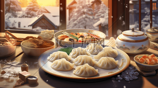 中国风水饺插画图片_丰盛的年夜饭美食插画36