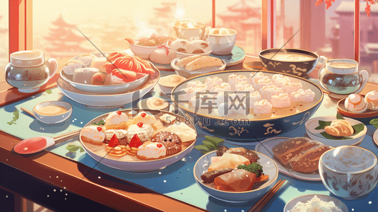 中国风水饺插画图片_丰盛的年夜饭美食插画8