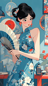 国风旗袍少女新中式复古手绘人物插画