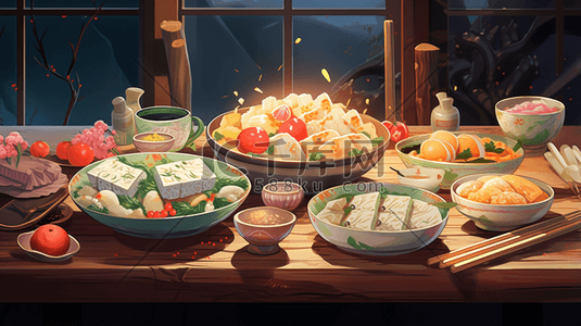中国风水饺插画图片_丰盛的年夜饭美食插画12