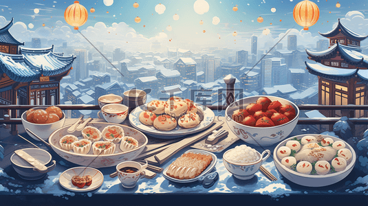 中国风水饺插画图片_丰盛的年夜饭美食插画32