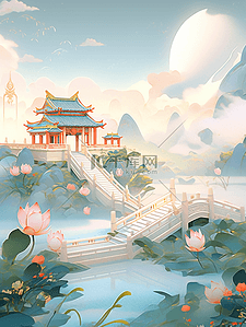 中国风国潮山水场景大好山河插画