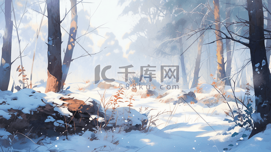 冬季绘画插画图片_水彩冬季冬天雪地树林森林