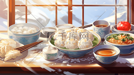 中国风水饺插画图片_丰盛的年夜饭美食插画37