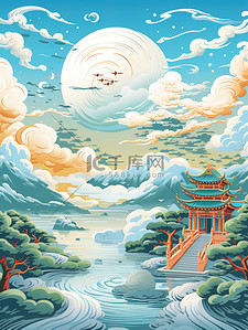 天蓝色纯色插画图片_中国风山水画唯美仙境淡天蓝色4