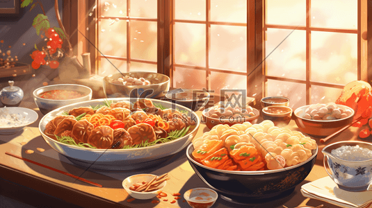 年夜饭水饺插画图片_丰盛的年夜饭美食插画17