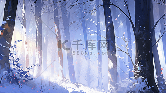 水彩冬季冬天雪地树林森林