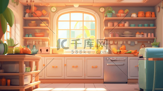 温馨可爱的厨房场景插画15