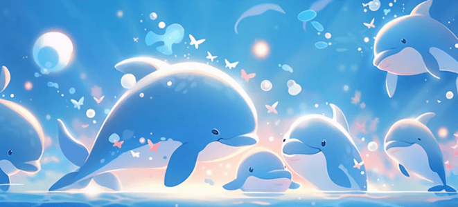 可爱小海豚插画图片_蓝色梦幻插画海里可爱的海豚