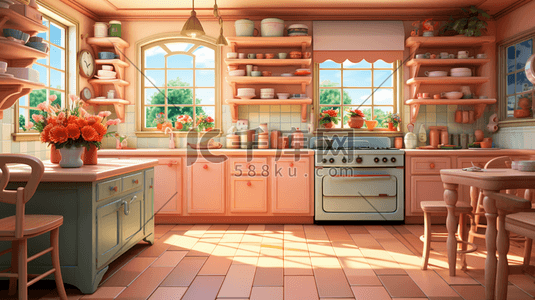 温馨可爱的厨房场景插画