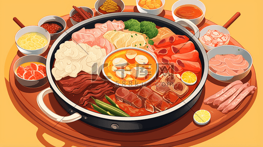 涮涮肉插画图片_一桌火锅美食插画29